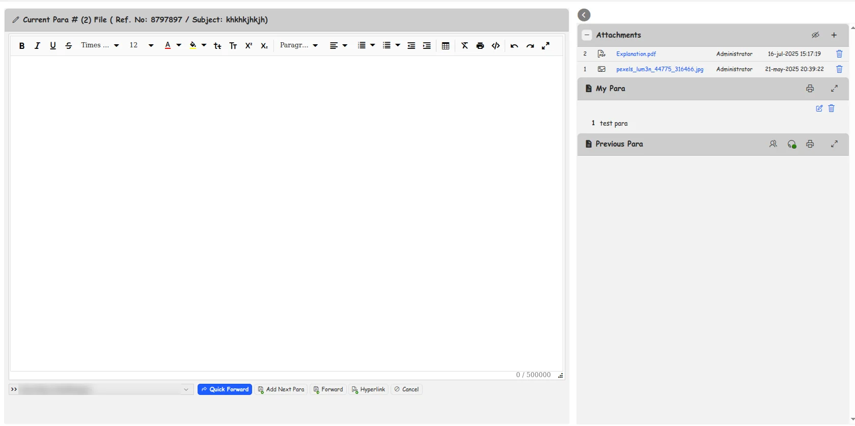 InvoDESX noting editor with quick forward, beside the file's attachments and previous paragraphs
